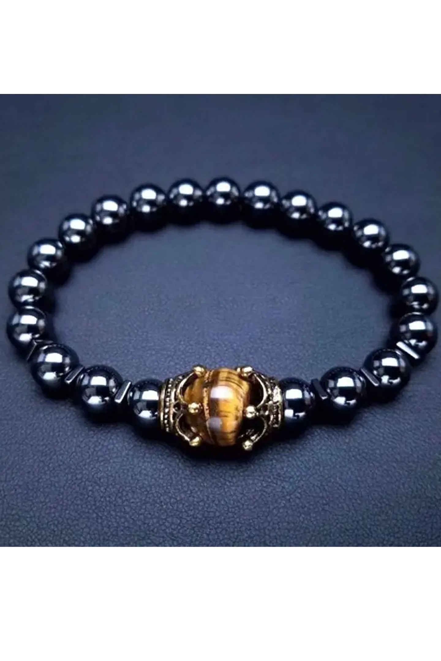 Cross.N.Crown Tiger Eye Alloy Stone Beaded Charm Bracelet